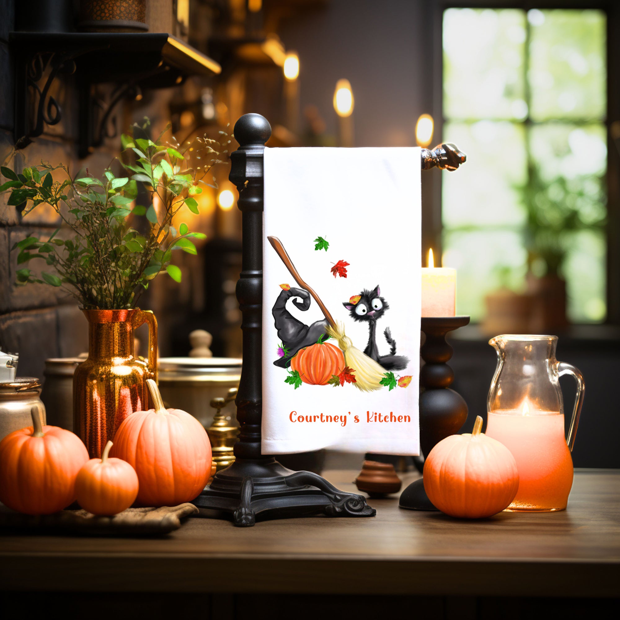 Witchy Kitty Halloween Kitchen Towel