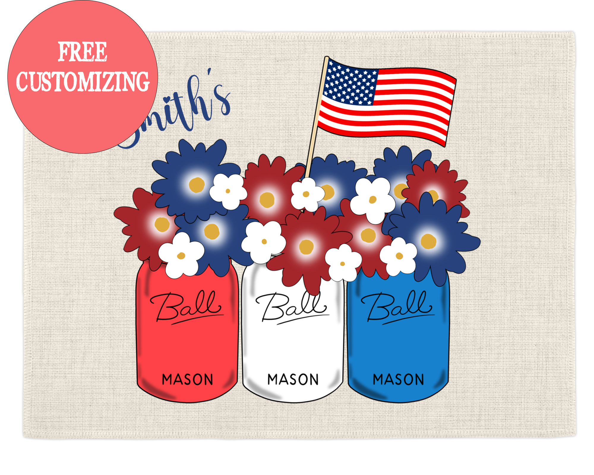 Set of 4 Custom Patriotic Placemats – Whimsy FLowers Mason Jars – Country Chic Table Decor, FREE Customizing