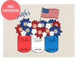 Set of 4 Custom Patriotic Placemats – Whimsy FLowers Mason Jars – Country Chic Table Decor, FREE Customizing