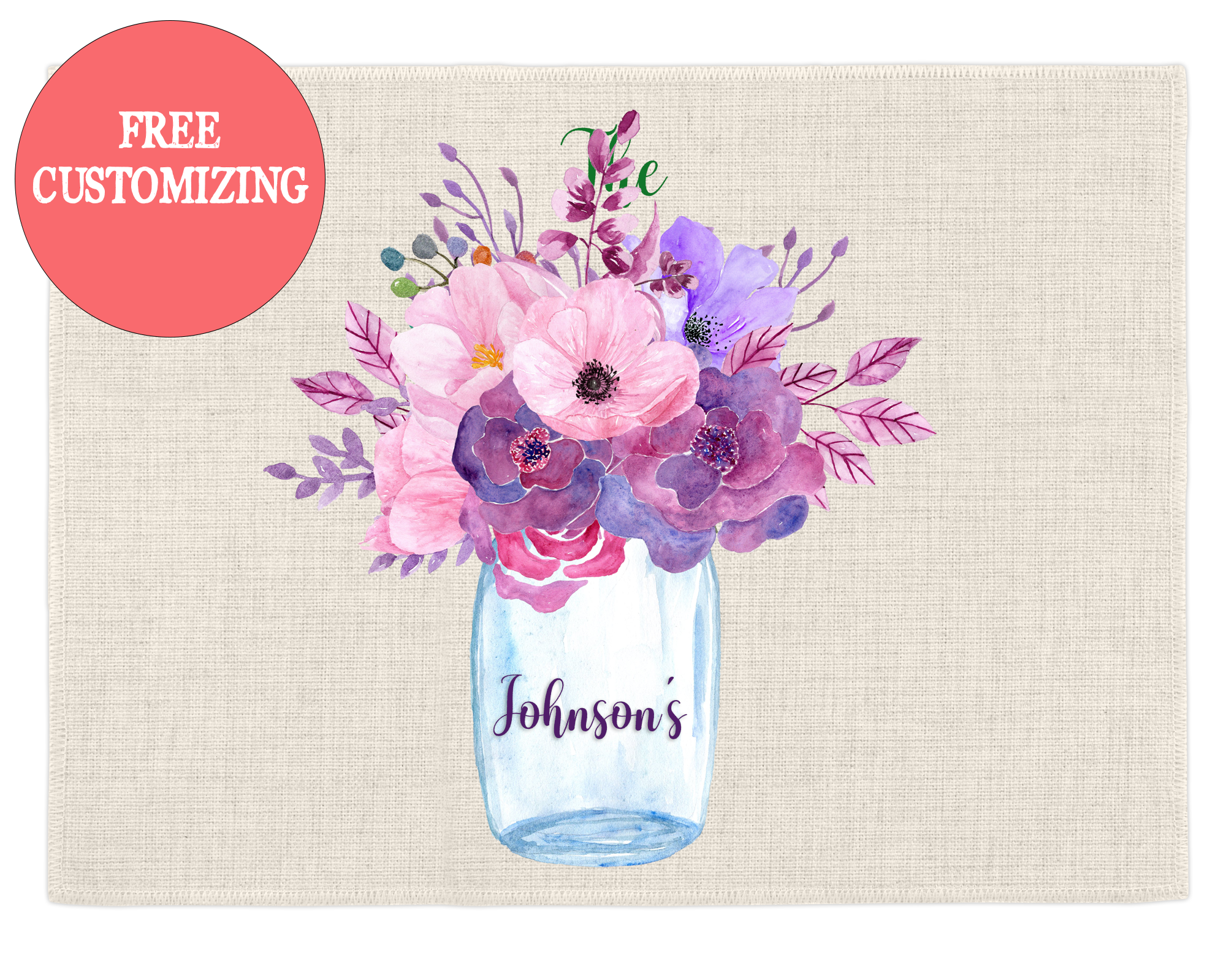 Set of 4 Custom Farmhouse Placemats – Pink Floral in Mason Jars – Country Chic Table Decor, FREE Customizing (Copy)