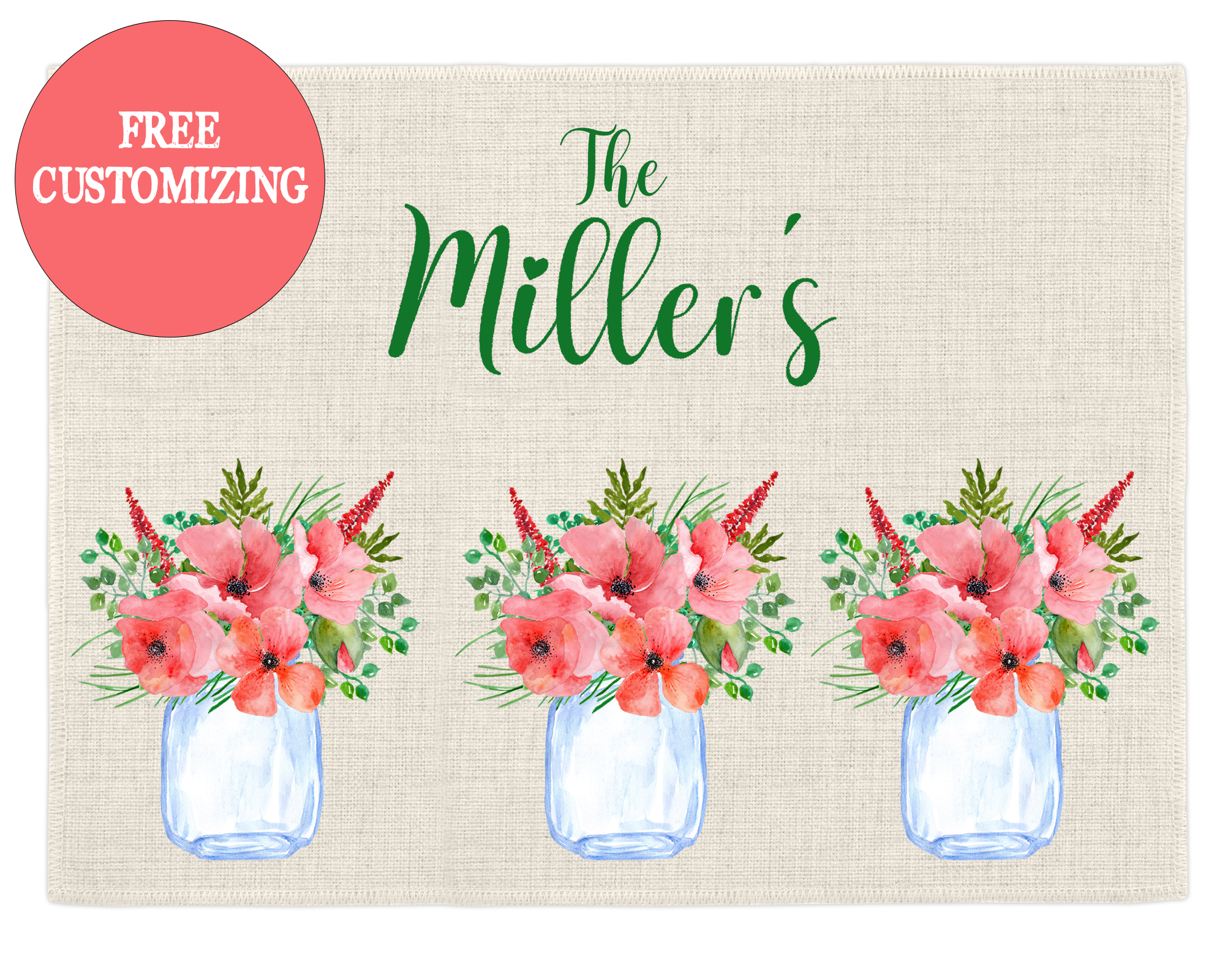 Set of 4 Custom Farmhouse Placemats – Red Hibiscus in Mason Jars – Country Chic Table Decor, FREE Customizing
