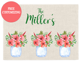 Set of 4 Custom Farmhouse Placemats – Red Hibiscus in Mason Jars – Country Chic Table Decor, FREE Customizing