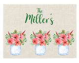 Set of 4 Custom Farmhouse Placemats – Red Hibiscus in Mason Jars – Country Chic Table Decor, FREE Customizing
