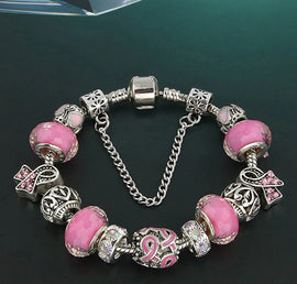 "Breast Cancer Awareness Ribbon" Handmade European Charm Bracelet