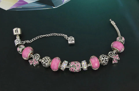 "Breast Cancer Awareness Ribbon" Handmade European Charm Bracelet