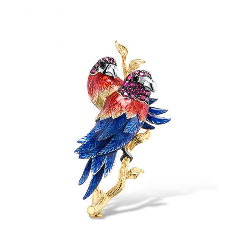 Hand Crafted Amazon Parrot Duo Brooch