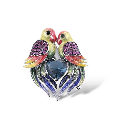 Hand Crafted Rainbow Love Birds Brooch w/Swarovski Crystals