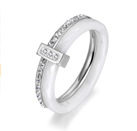 Double Layers White Ceramic Silver  Titanium Pave Band - BEST SELLER!