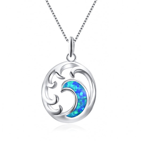 Genuine Opal Blue Wave Sterling Silver Necklace