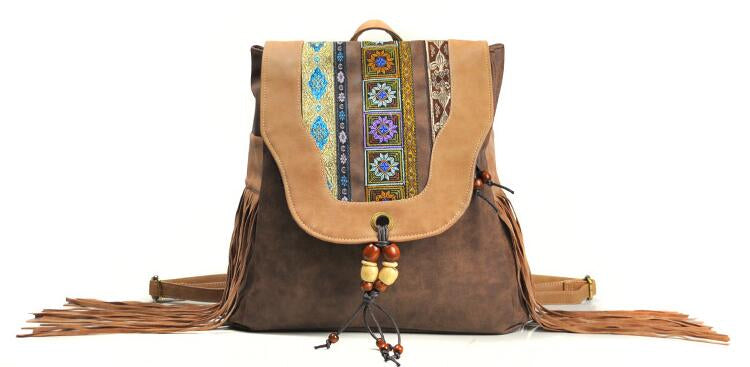 Bohemian Leather & Tassels Beaded Backpack