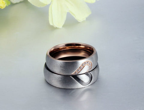 Brushed Steel Heart to Heart Couples Ring Set