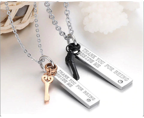 Stainless Key Bar Couples Necklace Set - FREE Engraving!