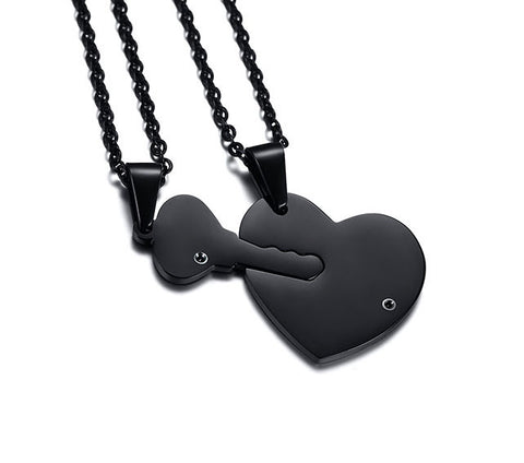Black Powder Key to My Heart Couples Necklace Set - Free Engraving!