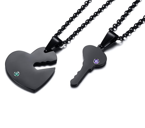 Black Powder Key to My Heart Couples Necklace Set - Free Engraving!