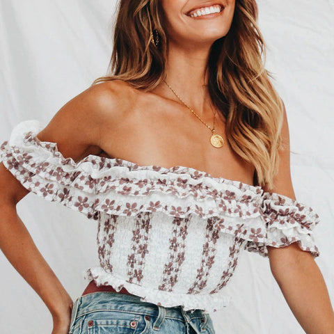 BOHO Ruffled Off Shoulder Fitted Crop Top