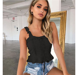 Peasant Style Ruffled Front Tie Fitted Crop Top