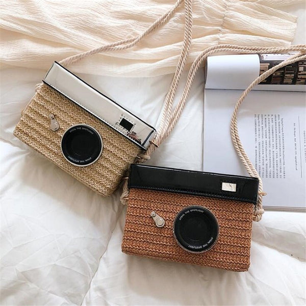 Camera - Handmade Straw Novelty Camera Shaped Cross Body Bag - Available in 2 Colors