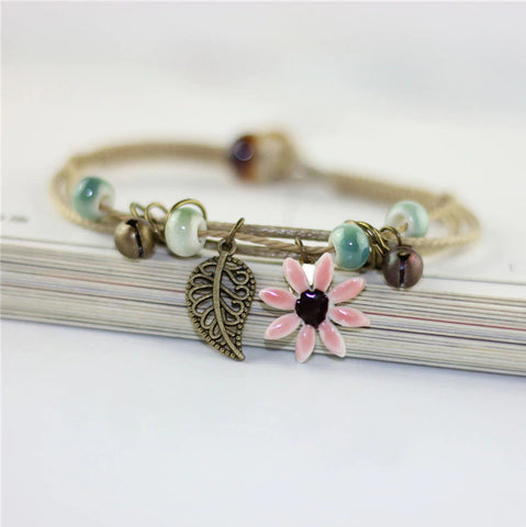 Boho Handcrafted Ceramic Flower Leather Bracelet :: Available in 7 Colors