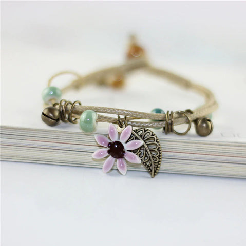 Boho Handcrafted Ceramic Flower Leather Bracelet :: Available in 7 Colors