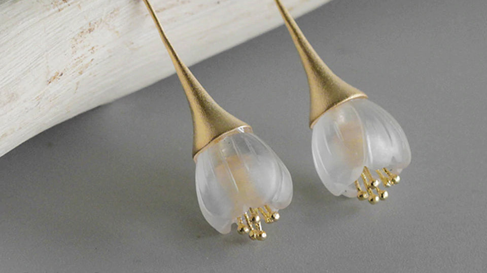 Handcrafted Handcarved Crystal Bell Orchid Earrings