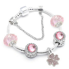 Crystal Clover  European Bracelet Design w. Murano Glass Beads - Available in 3 Colors