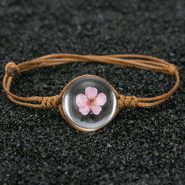 Mini Dried Pink Flower Bracelet w/ Genuine Leather Band