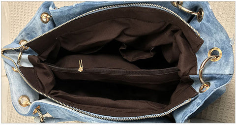 Distressed Denim Embroidered Shoulder Bag