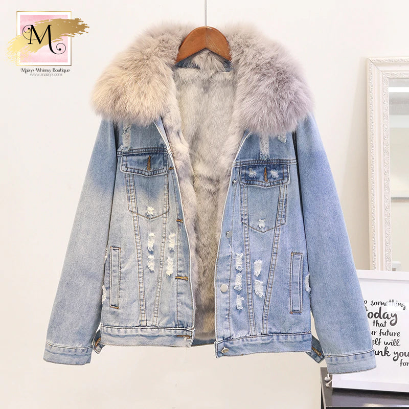 Distressed Faux Fur Hooded Denim Jacket :: Limited Quantities