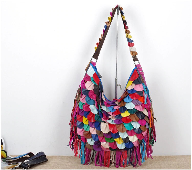 Leather Fish Scales & Tassels Messenger Bag :: Available in 2 Colors