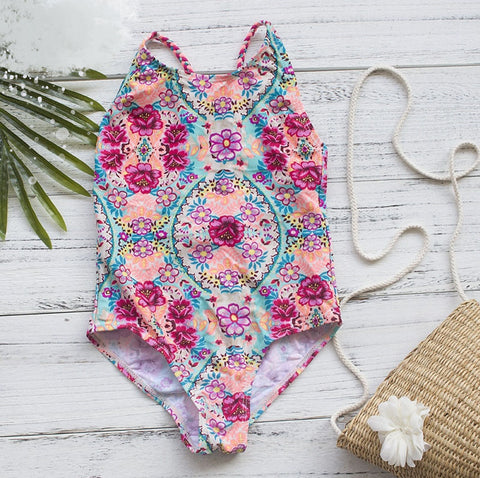 Girls Braided Strap Floral Swimsuit