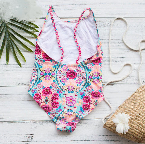 Girls Braided Strap Floral Swimsuit