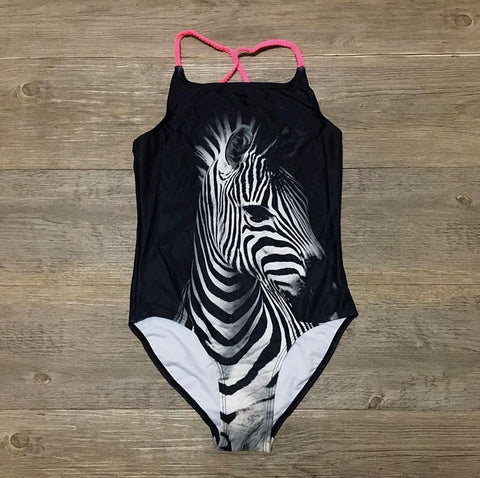 Girls Black Zebra Swimsuit