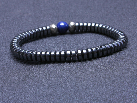 Handmade men's  Gun Metal Black Beads with Natural Lapis lazuli Beads Bracelet