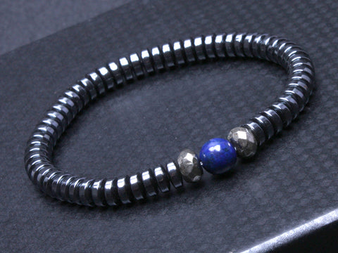 Handmade men's  Gun Metal Black Beads with Natural Lapis lazuli Beads Bracelet