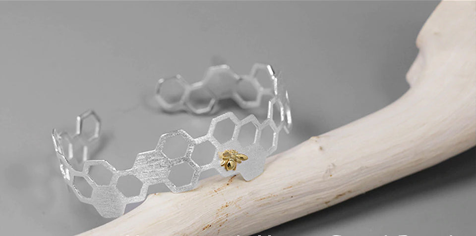 Handcrafted Sterling Silver Honeycomb Bangle w/Baby Bee