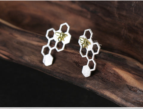 Sterling Silver Honeycomb Earrings with Baby Bees - Limited Quantities!