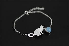 Handcrafted Playful Kitten with Genuine Aquamarine Stone