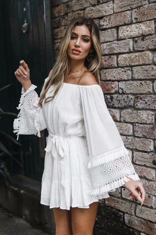 Bohemian Lace & Tassel Bell Sleeve Mini Dress