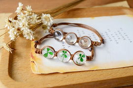Make a Wish! Handcrafted Dried 4-Leaf Clover or Dandelion Bracelet