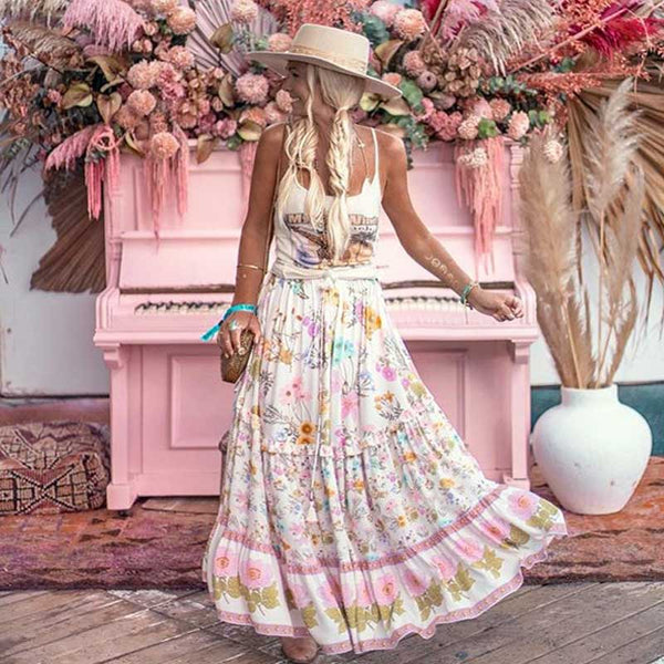 Whimsy Floral Garden Bohemian Style Maxi Skirt
