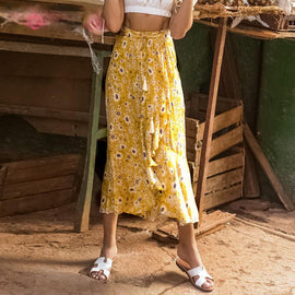 Bohemian Style Yellow Flower Maxi Skirt