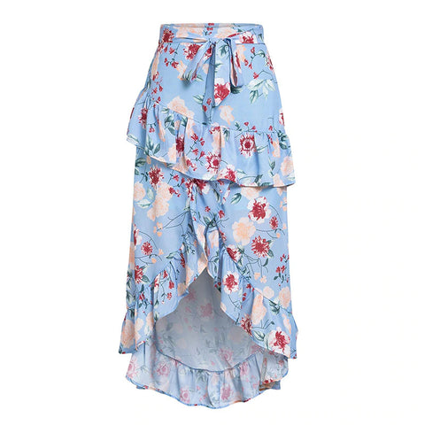 Vintage Style Blue Slit Ruffled Skirt