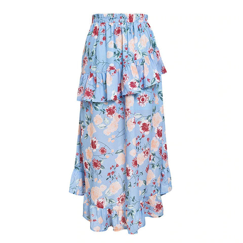 Vintage Style Blue Slit Ruffled Skirt