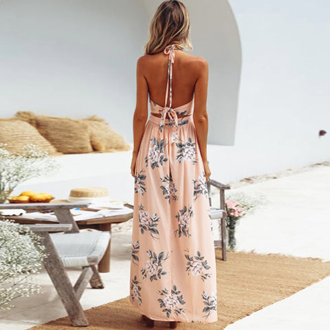 Boho Style Bow Tie Back Summer Maxi Dress - Floral Print