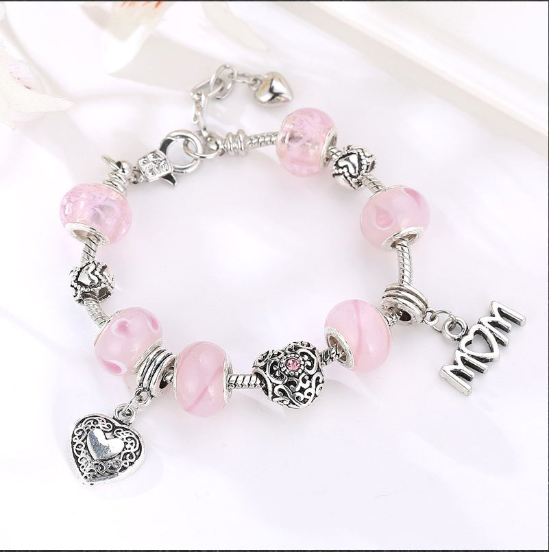 I <3 Mom :: Pink Crystal Mothers Handmade European Charm Bracelet