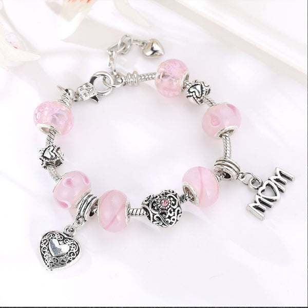 I <3 Mom :: Pink Crystal Mothers Handmade European Charm Bracelet