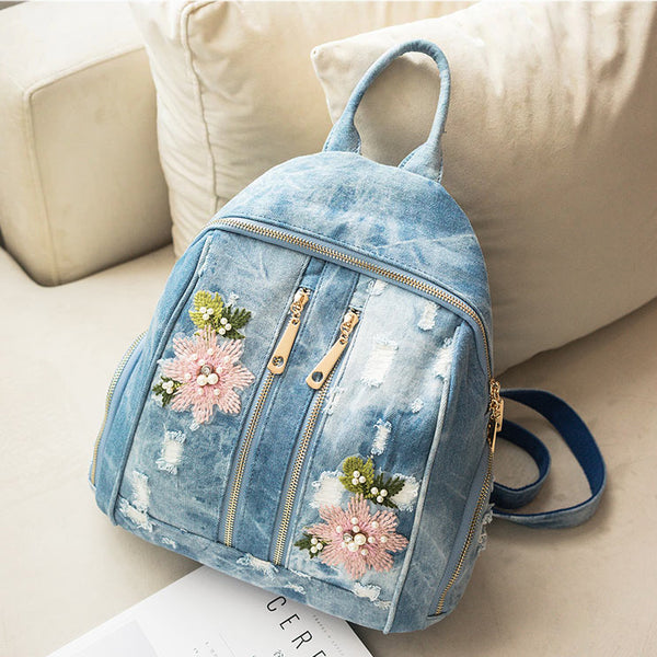 Oval Embroidered Flower & Pearls Distressed II - Denim Backpack
