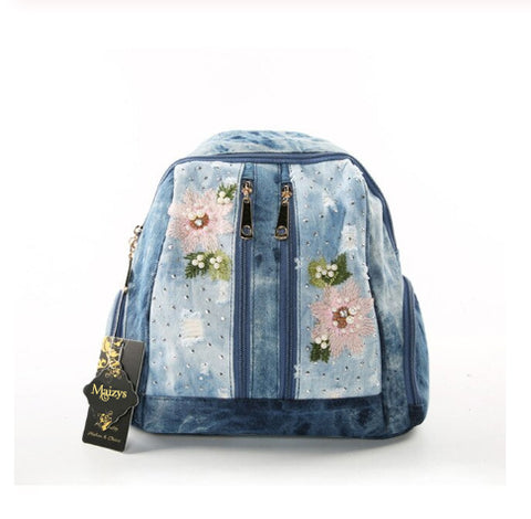 Oval Embroidered Flower & Pearls Distressed II - Denim Backpack