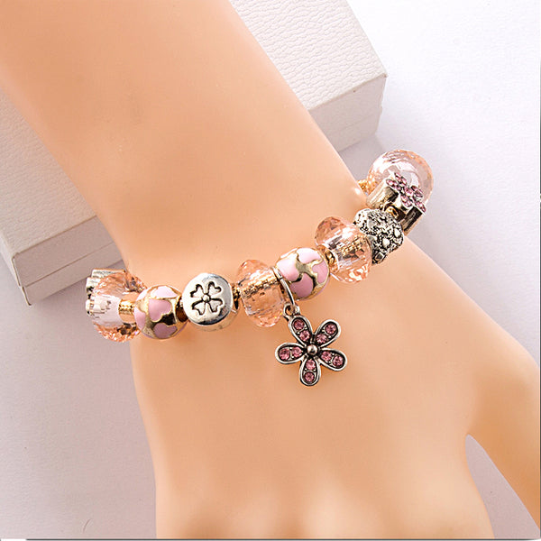 Pink Crystal Daisies :: Handmade European Charm Bracelet ::