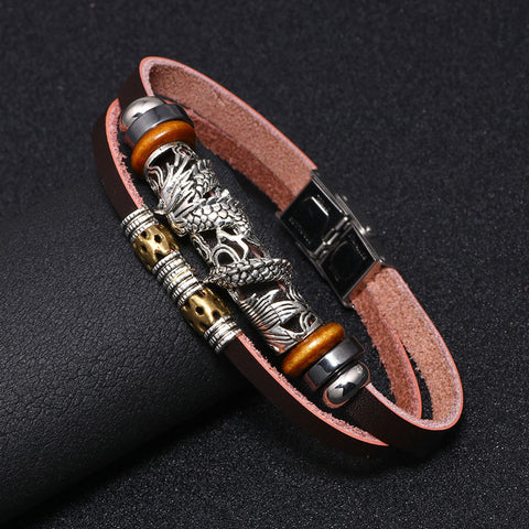 Chinese Dragon Genuine Leather Men's Bracelet